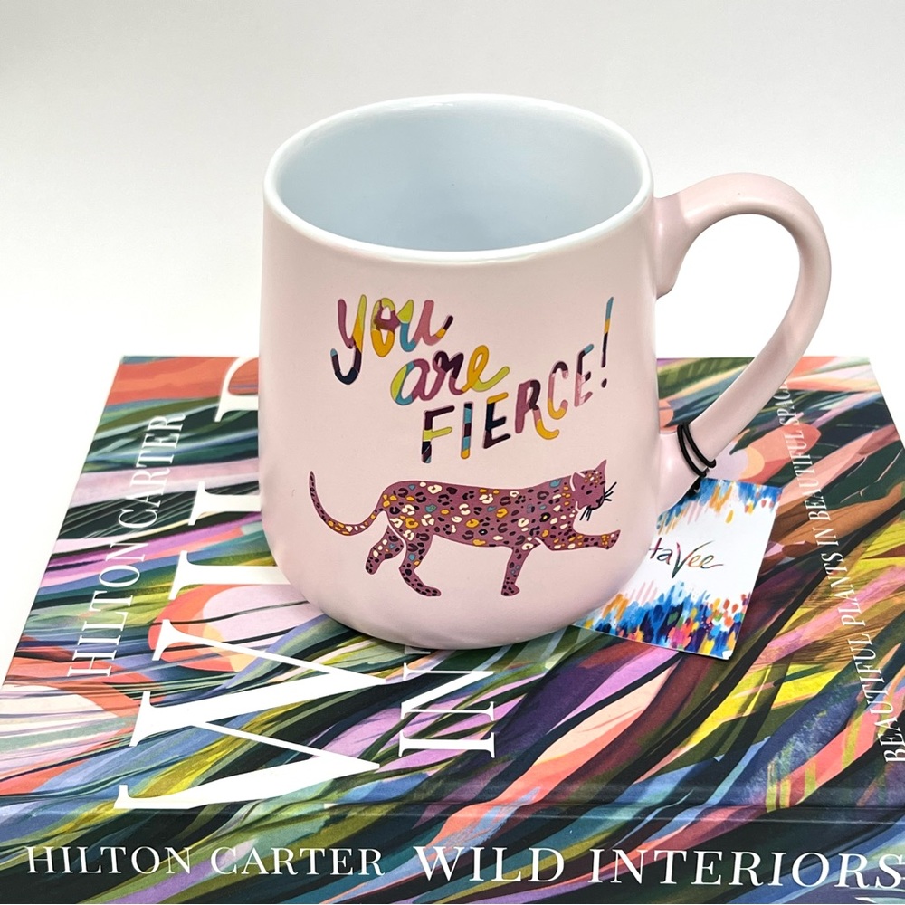 YOU ARE FIERCE 24 Oz Ceramic Coffee Tea Mug Cup Pink Leopard Etta Vee